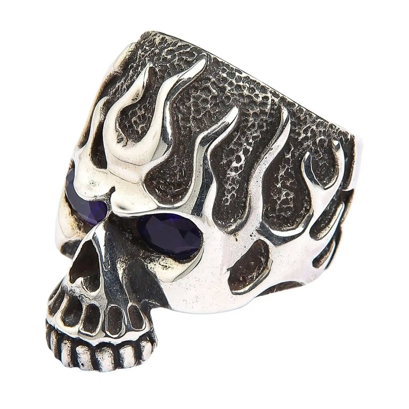 Bikerringshop Sterling Silver Blue Sapphire Eyes Flame Skull Ring 6 Bikerringshop Sterling Silver Blue Sapphire Eyes Flame Skull Ring - Image 4