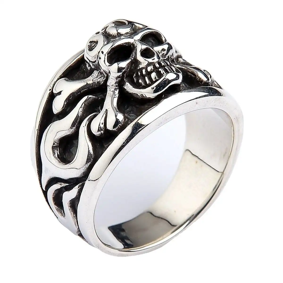 Bikerringshop Sterling Silver Flame Skull Crossbones Ring 6 Bikerringshop Sterling Silver Flame Skull Crossbones Ring - Image 4