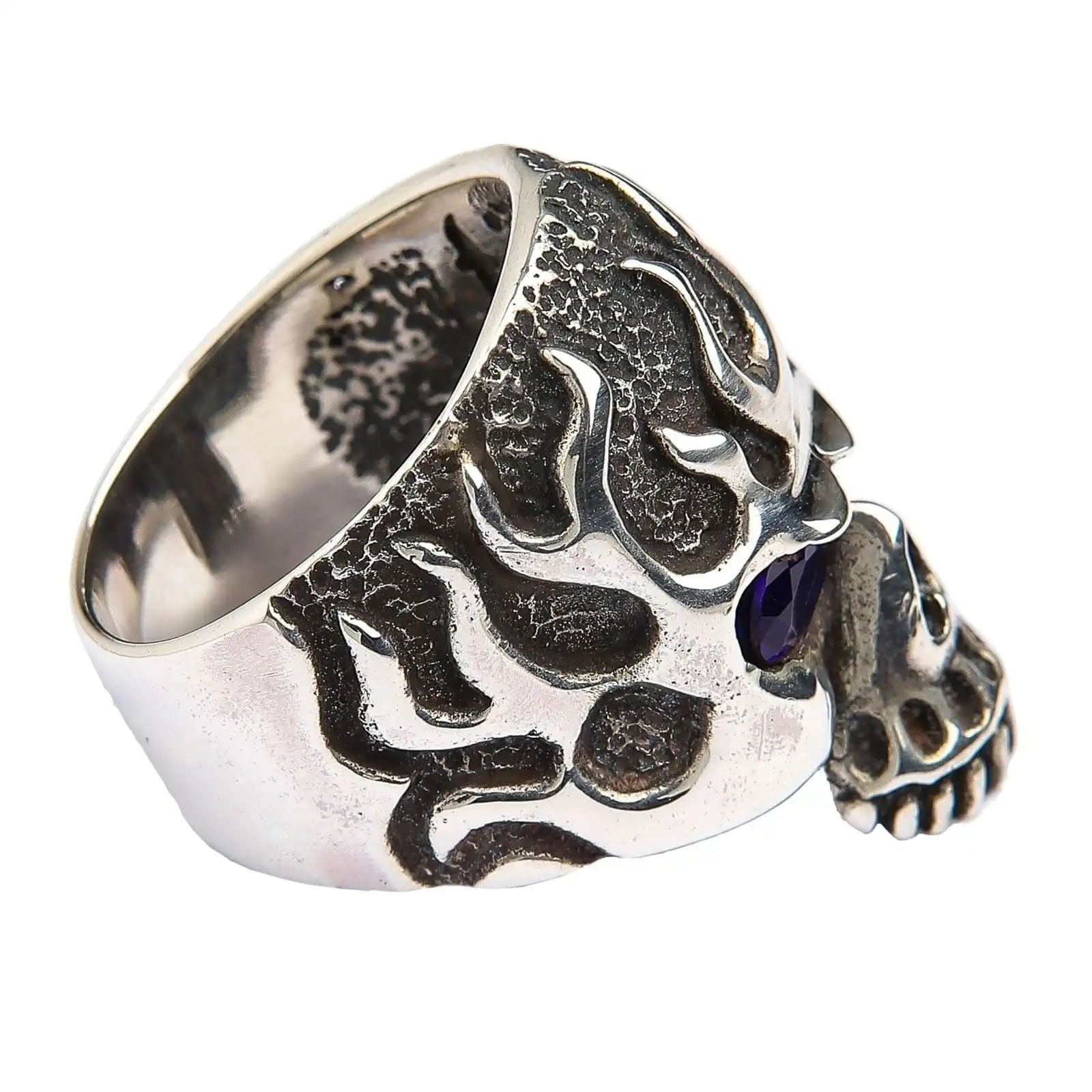 Bikerringshop Sterling Silver Blue Sapphire Eyes Flame Skull Ring 9 Bikerringshop Sterling Silver Blue Sapphire Eyes Flame Skull Ring - Image 7