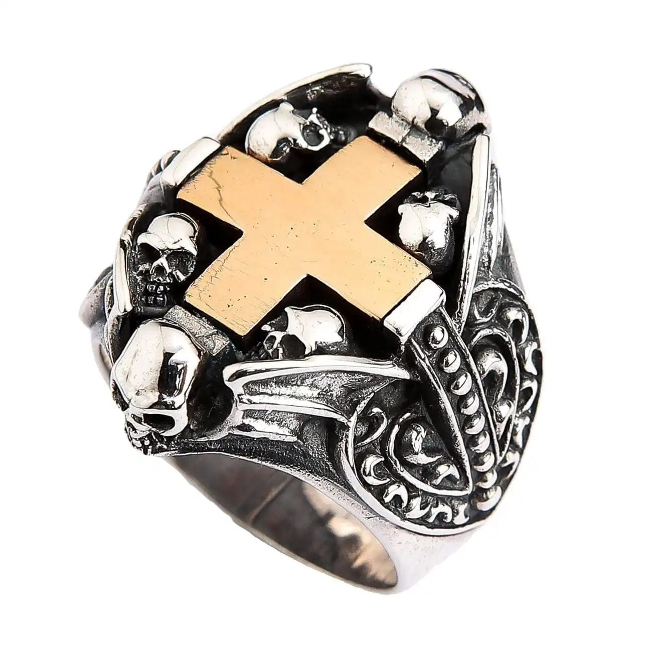 Bikerringshop Sterling Silver Yellow Gold Cross Heart Gothic Ring 4 Bikerringshop Sterling Silver Yellow Gold Cross Heart Gothic Ring - Image 2