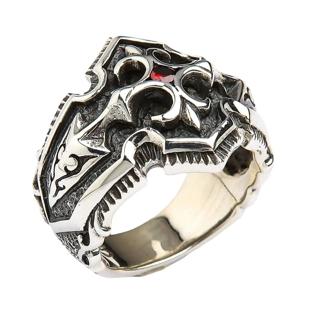 Bikerringshop Sterling Silver Garnet Medieval Knight Cross Mens Ring 5 Bikerringshop Sterling Silver Garnet Medieval Knight Cross Mens Ring - Image 3