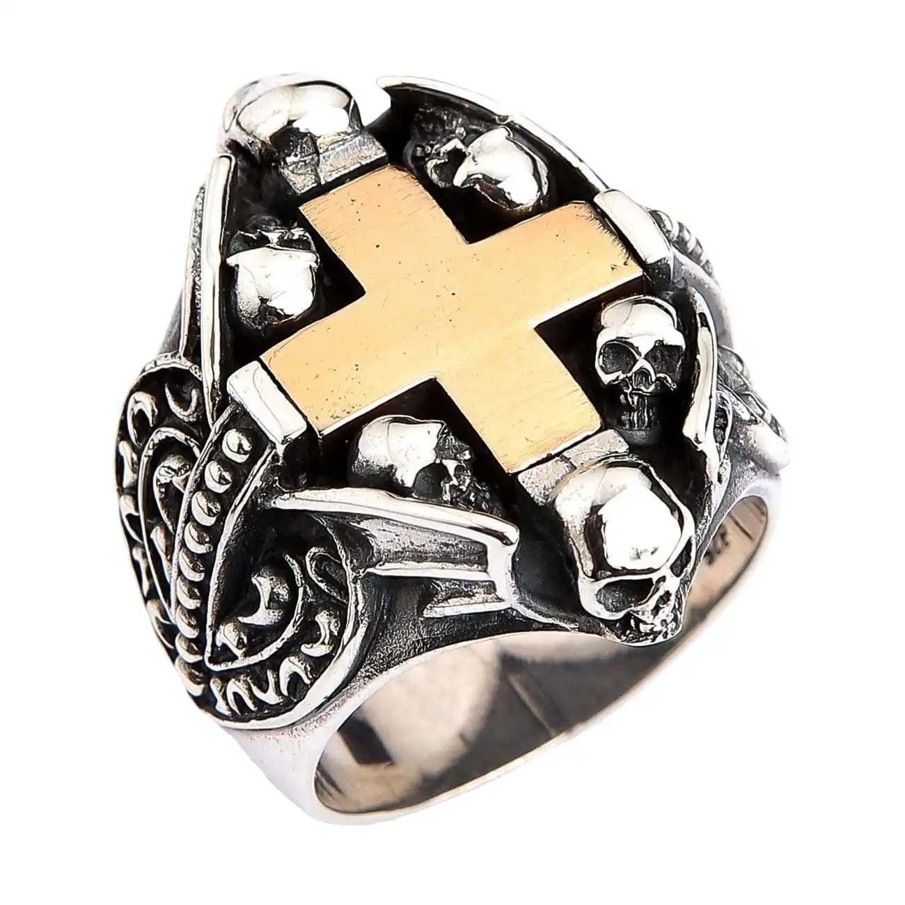 Bikerringshop Sterling Silver Yellow Gold Cross Heart Gothic Ring 3 Bikerringshop Sterling Silver Yellow Gold Cross Heart Gothic Ring