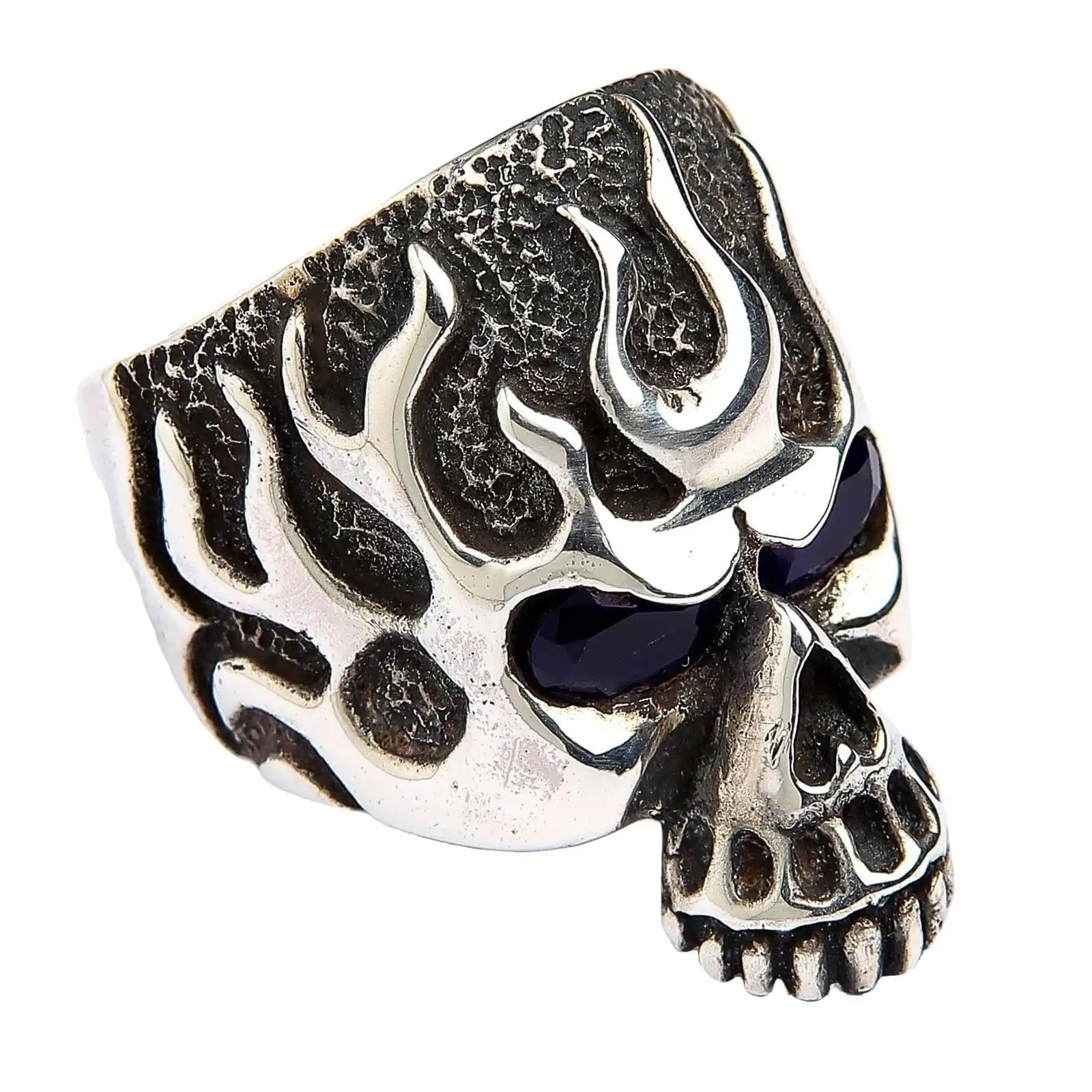 Bikerringshop Sterling Silver Blue Sapphire Eyes Flame Skull Ring 7 Bikerringshop Sterling Silver Blue Sapphire Eyes Flame Skull Ring - Image 5