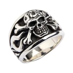 Bikerringshop Sterling Silver Flame Skull Crossbones Ring