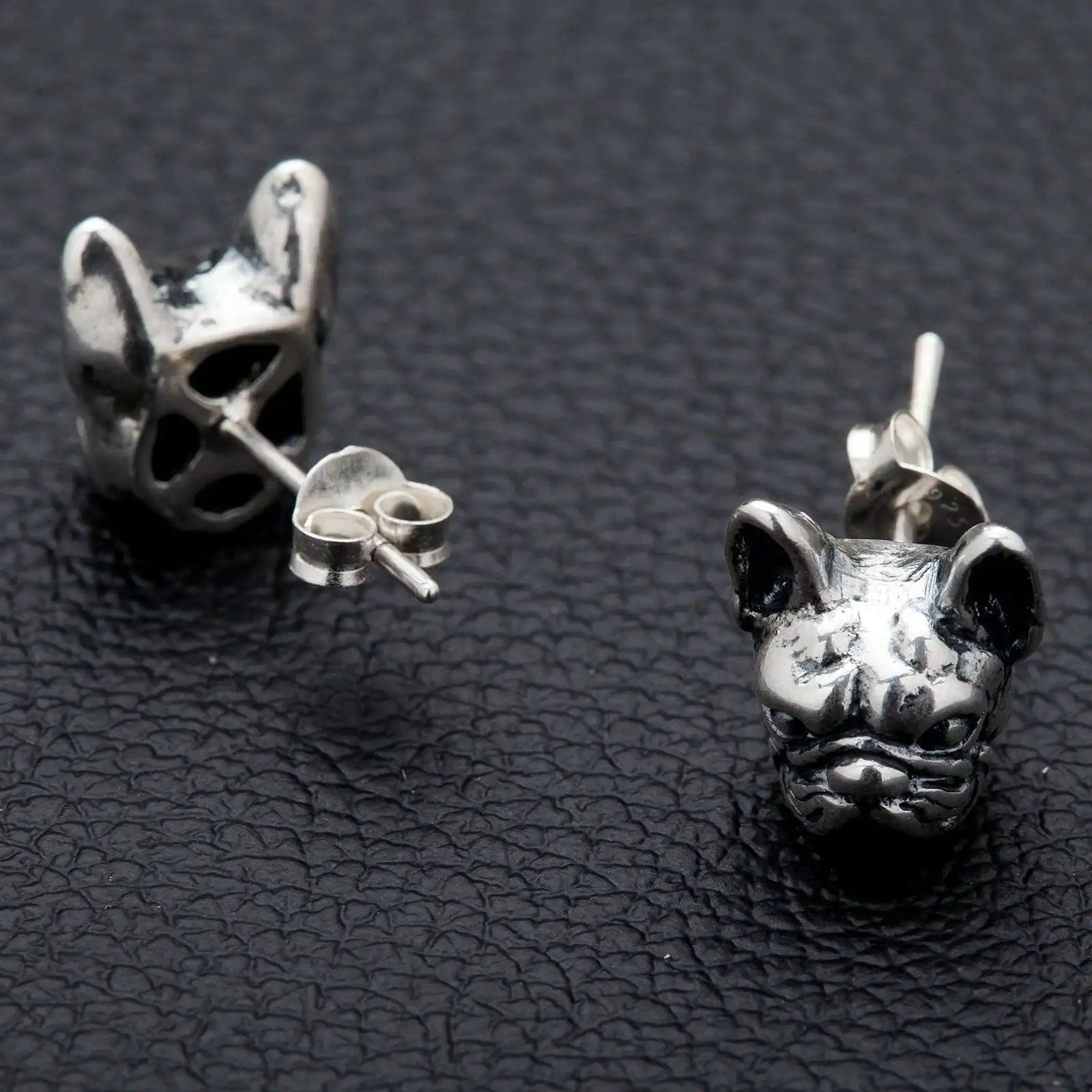 Bikerringshop Sterling Silver French Bulldog Head Earrings 5 Bikerringshop Sterling Silver French Bulldog Head Earrings - Image 3