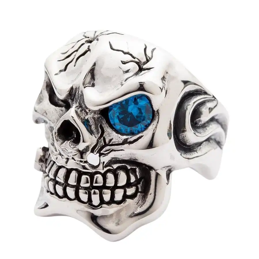 Bikerringshop Sterling Silver Blue Topaz Eye Mafia Skull Ring 5 Bikerringshop Sterling Silver Blue Topaz Eye Mafia Skull Ring - Image 3
