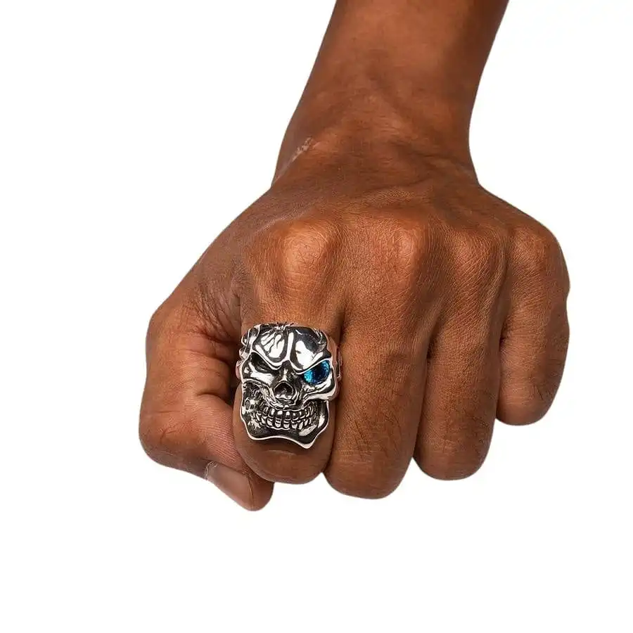 Bikerringshop Sterling Silver Blue Topaz Eye Mafia Skull Ring 4 Bikerringshop Sterling Silver Blue Topaz Eye Mafia Skull Ring - Image 2