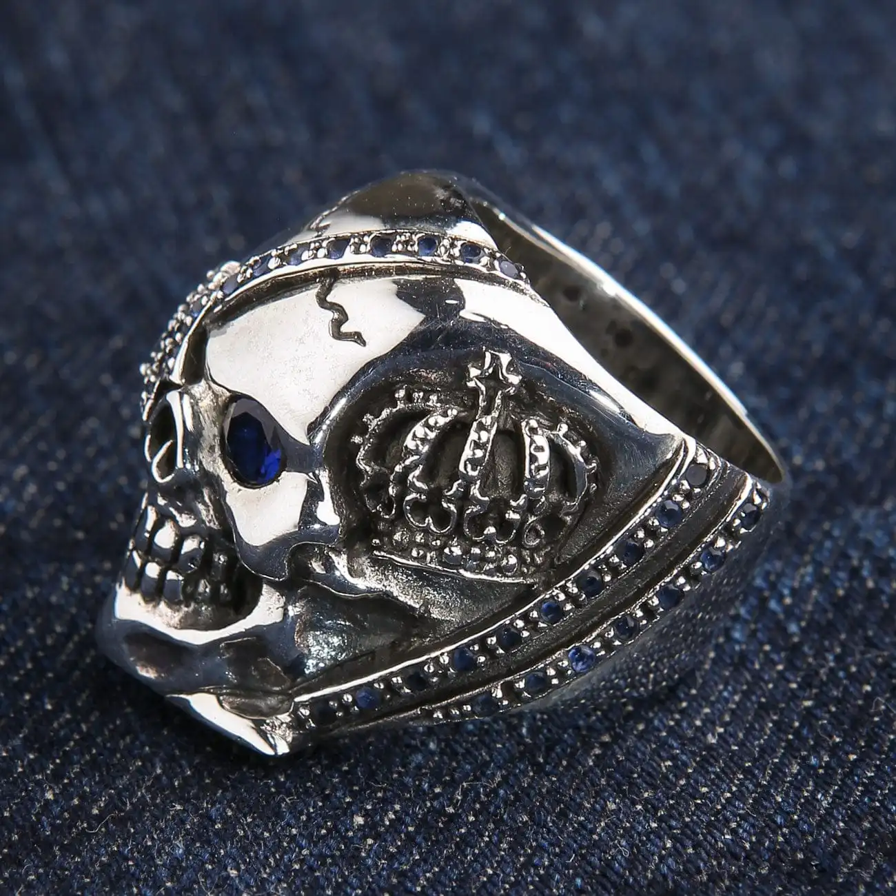 Bikerringshop Sterling Silver Sapphire Crown Pirate Skull Rings 8 Bikerringshop Sterling Silver Sapphire Crown Pirate Skull Rings - Image 6