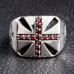Bikerringshop Sterling Silver Garnet Cross Biker Rings