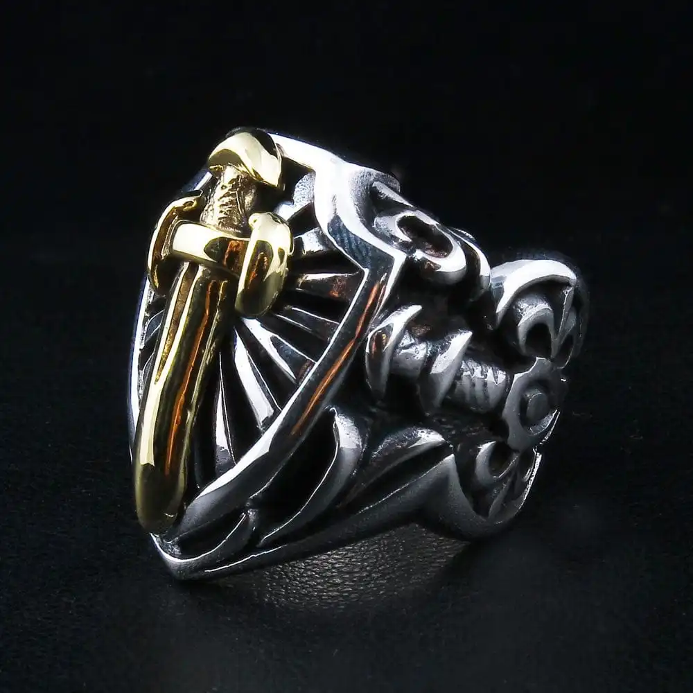 Bikerringshop Sterling Silver Gold Sword Heavy Biker Rings 7 Bikerringshop Sterling Silver Gold Sword Heavy Biker Rings - Image 5