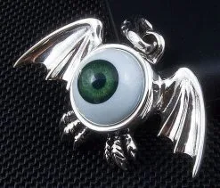 Bikerringshop Sterling Silver Green Eyeball Gothic Wings Pendant