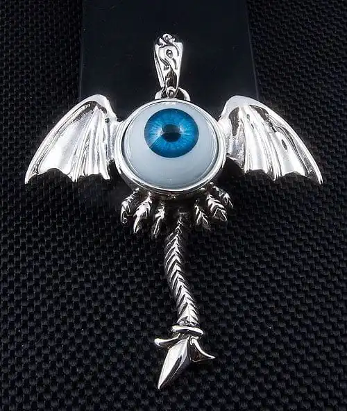 Bikerringshop Sterling Silver Blue Eyeball Gothic Wings Pendant 4 Bikerringshop Sterling Silver Blue Eyeball Gothic Wings Pendant - Image 2