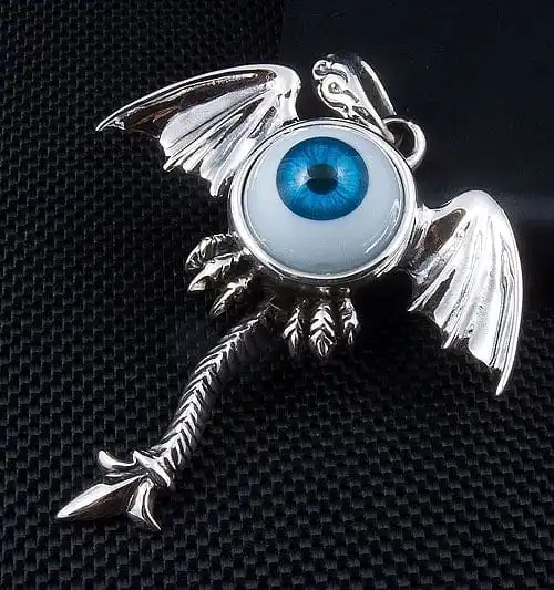 Bikerringshop Sterling Silver Blue Eyeball Gothic Wings Pendant 5 Bikerringshop Sterling Silver Blue Eyeball Gothic Wings Pendant - Image 3
