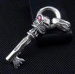 Bikerringshop Sterling Silver Flame Skull Key Pendant