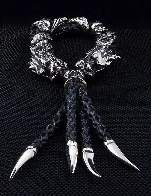 Bikerringshop Genuine Leather Silver Dragon Mens Bracelet 4 Bikerringshop Genuine Leather Silver Dragon Mens Bracelet - Image 2