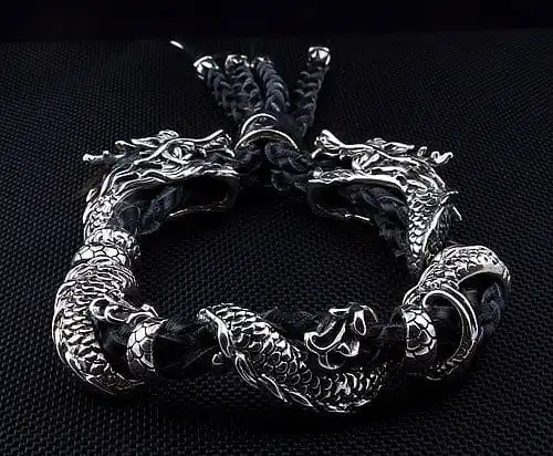 Bikerringshop Genuine Leather Silver Dragon Mens Bracelet 6 Bikerringshop Genuine Leather Silver Dragon Mens Bracelet - Image 4