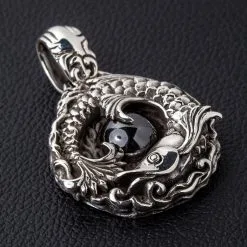 Bikerringshop Sterling Silver Onyx Japanese Koi Fish Pendant