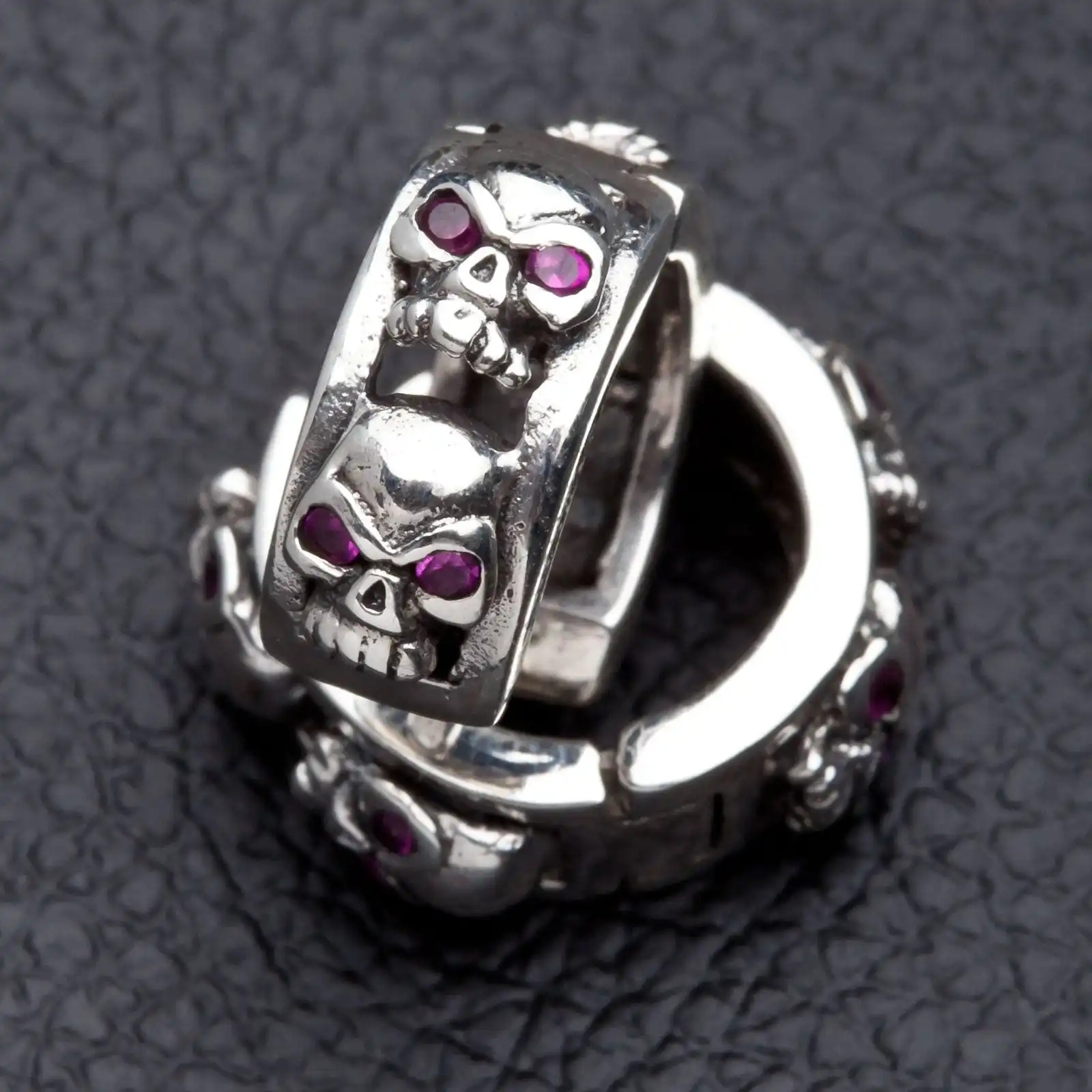 Bikerringshop Ruby Skull Sterling Silver Hoop Mens Earrings 4 Bikerringshop Ruby Skull Sterling Silver Hoop Mens Earrings - Image 2
