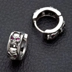Bikerringshop Ruby Skull Sterling Silver Hoop Mens Earrings 12 Bikerringshop Ruby Skull Sterling Silver Hoop Mens Earrings -Outlet Rings Store Jew08 4954