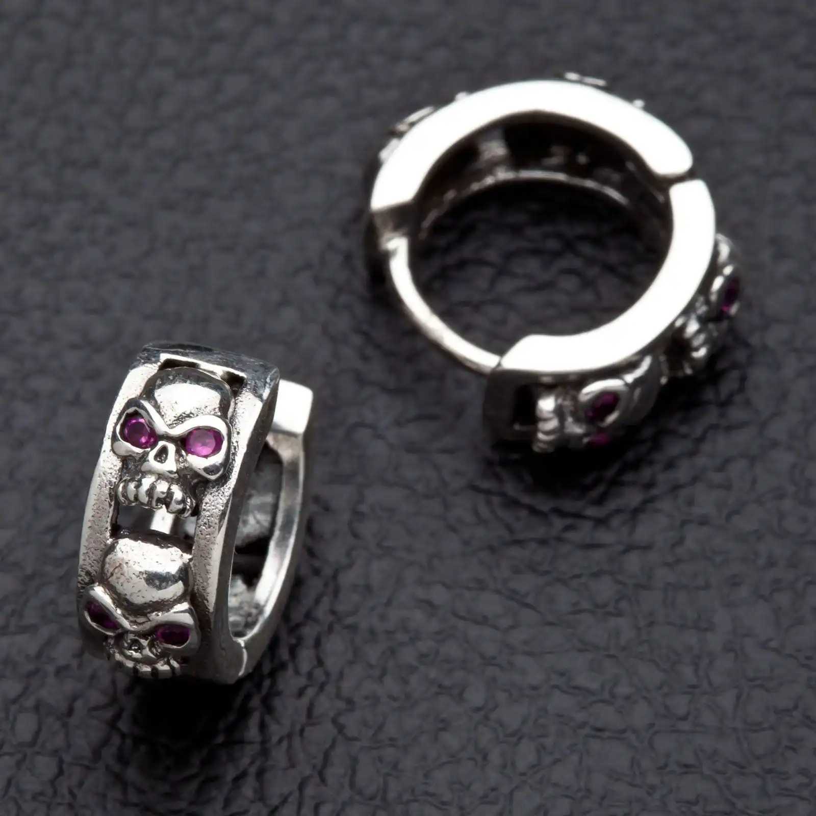 Bikerringshop Ruby Skull Sterling Silver Hoop Mens Earrings 7 Bikerringshop Ruby Skull Sterling Silver Hoop Mens Earrings - Image 5