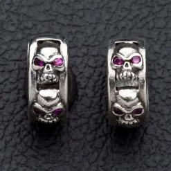 Bikerringshop Ruby Skull Sterling Silver Hoop Mens Earrings