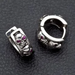 Bikerringshop Ruby Skull Sterling Silver Hoop Mens Earrings 11 Bikerringshop Ruby Skull Sterling Silver Hoop Mens Earrings -Outlet Rings Store Jew08 4960