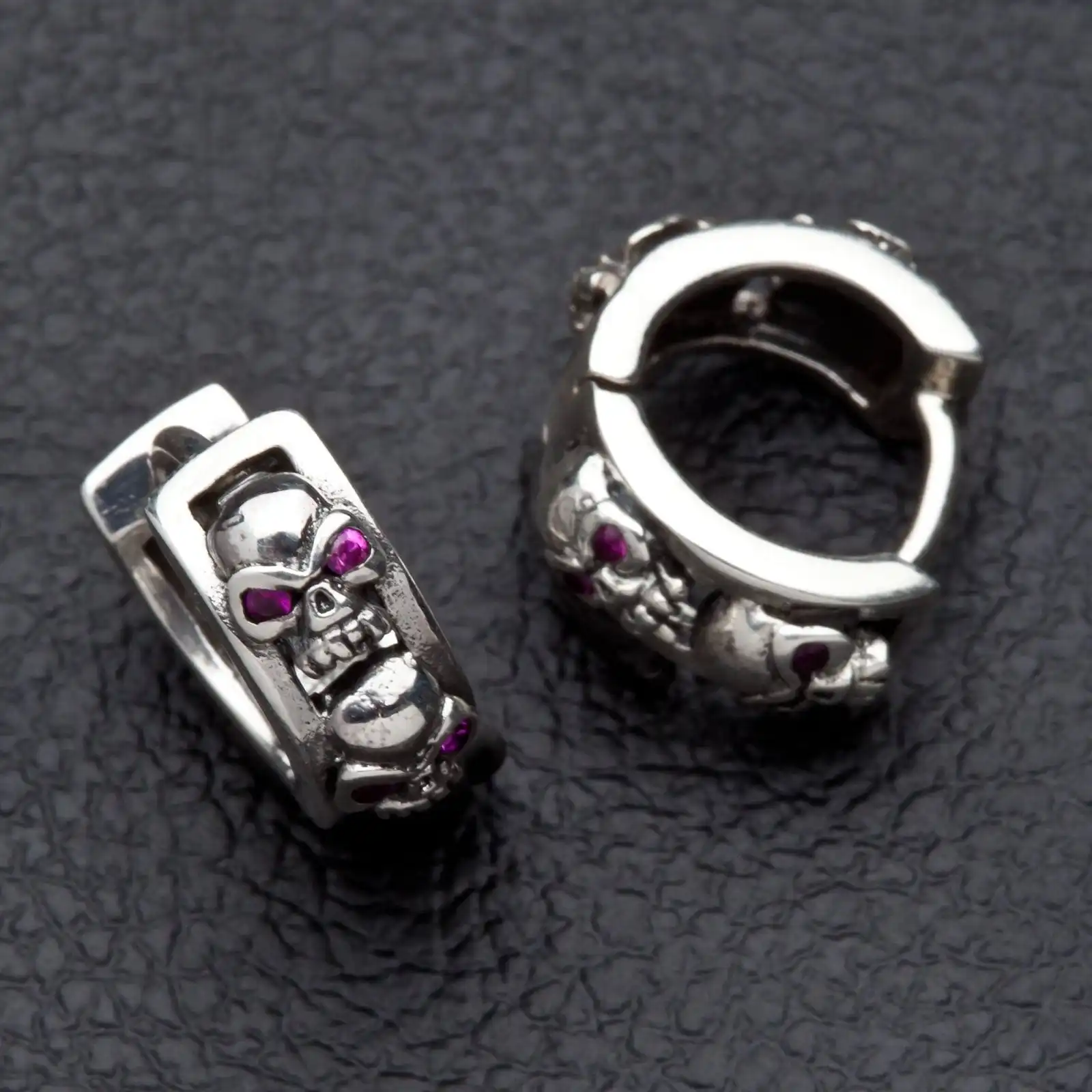 Bikerringshop Ruby Skull Sterling Silver Hoop Mens Earrings 6 Bikerringshop Ruby Skull Sterling Silver Hoop Mens Earrings - Image 4