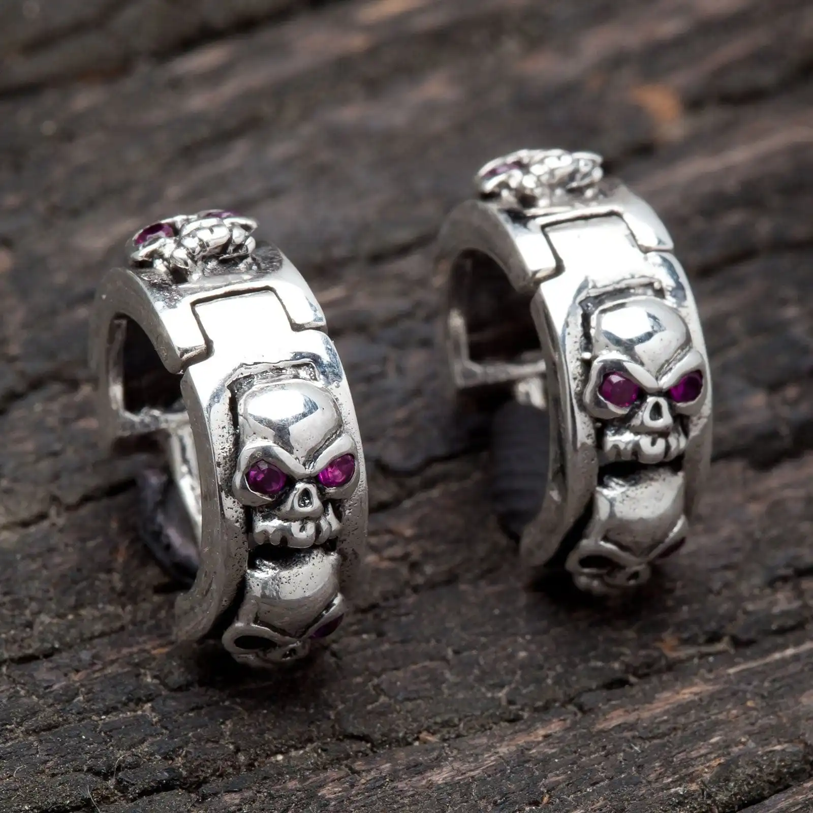 Bikerringshop Ruby Skull Sterling Silver Hoop Mens Earrings 5 Bikerringshop Ruby Skull Sterling Silver Hoop Mens Earrings - Image 3