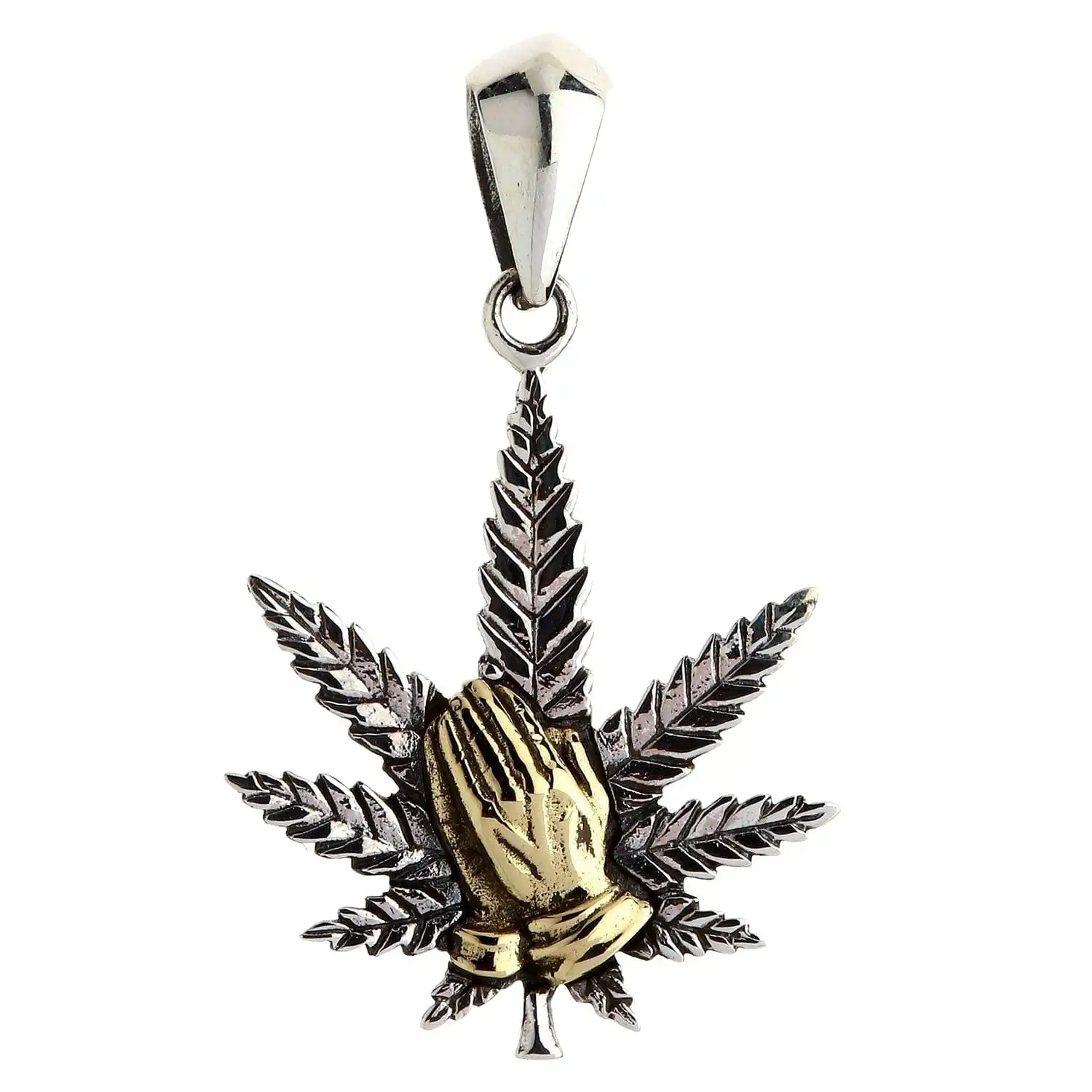 Bikerringshop Sterling Silver Praying Hands Marijuana Pendant Necklace 4 Bikerringshop Sterling Silver Praying Hands Marijuana Pendant Necklace - Image 2