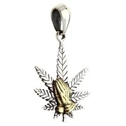 Bikerringshop Sterling Silver Praying Hands Marijuana Pendant Necklace