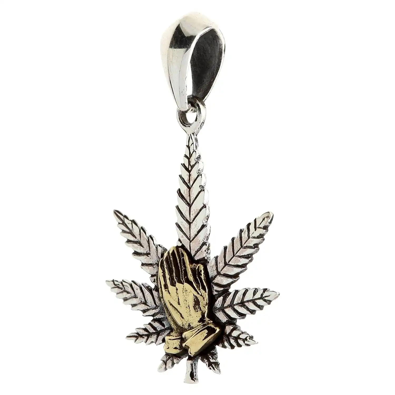 Bikerringshop Sterling Silver Praying Hands Marijuana Pendant Necklace 5 Bikerringshop Sterling Silver Praying Hands Marijuana Pendant Necklace - Image 3