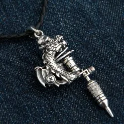 Bikerringshop Sterling Silver Diamond Skull Dragon Tattoo Machine Gun Pendant -Outlet Rings Store Sterling Silver Diamond Skull Dragon Tattoo Gun Pendant 2