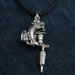Bikerringshop Sterling Silver Diamond Skull Dragon Tattoo Machine Gun Pendant