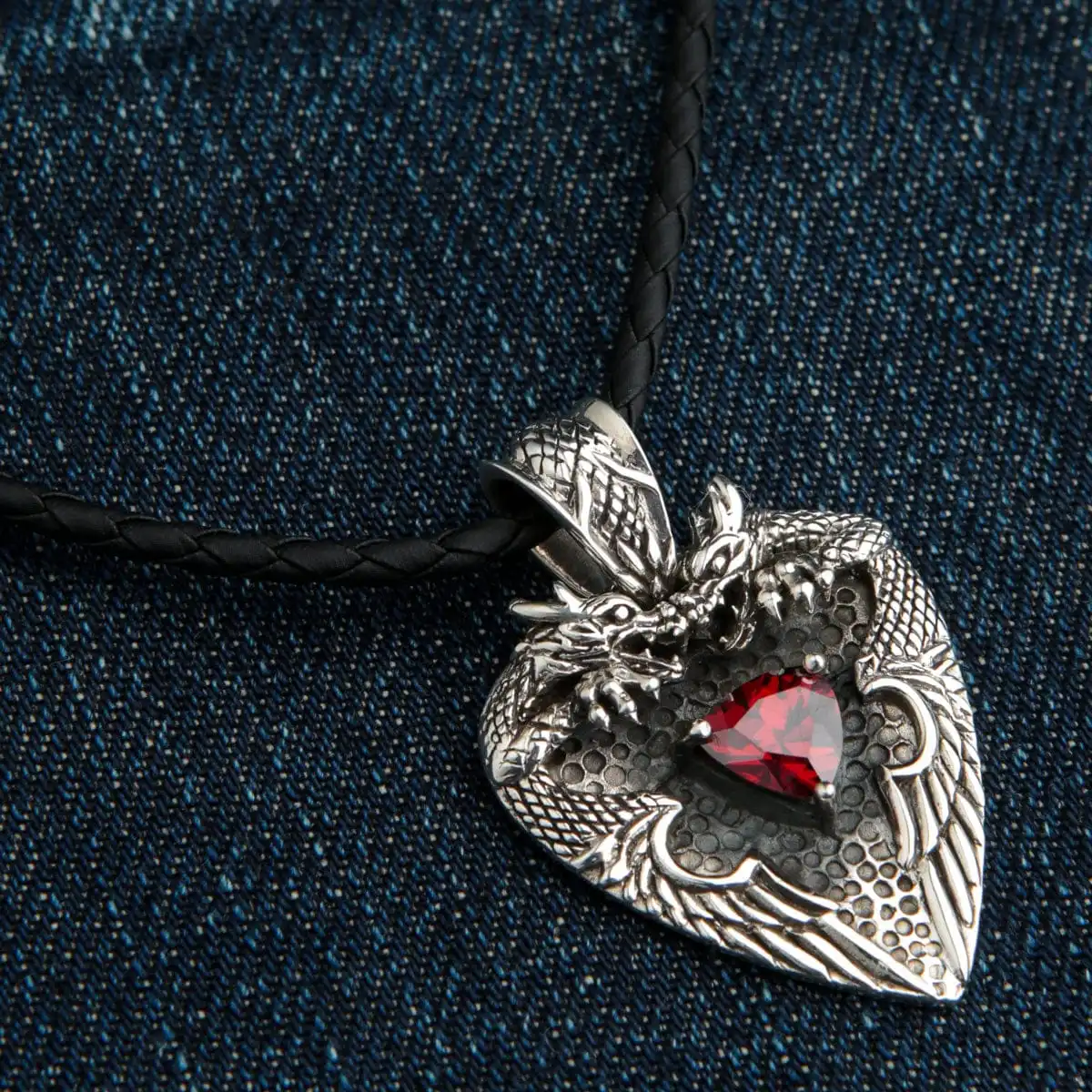 Bikerringshop Sterling Silver Knight Garnet Dragon Pendant 4 Bikerringshop Sterling Silver Knight Garnet Dragon Pendant - Image 2