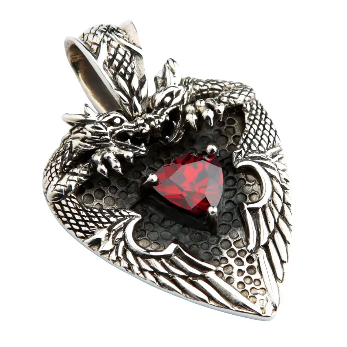 Bikerringshop Sterling Silver Knight Garnet Dragon Pendant 7 Bikerringshop Sterling Silver Knight Garnet Dragon Pendant - Image 5