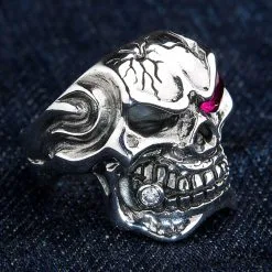 Bikerringshop Sterling Silver Ruby Red Eye Mafia Skull Ring -Outlet Rings Store Sterling Silver Ruby Red Eye Mafia Skull Ring 2