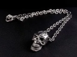 Bikerringshop Sterling Silver Big Head Skull Chain Necklace