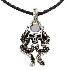 Bikerringshop Sterling Silver Black Onyx Gothic Skull Octopus Pendant