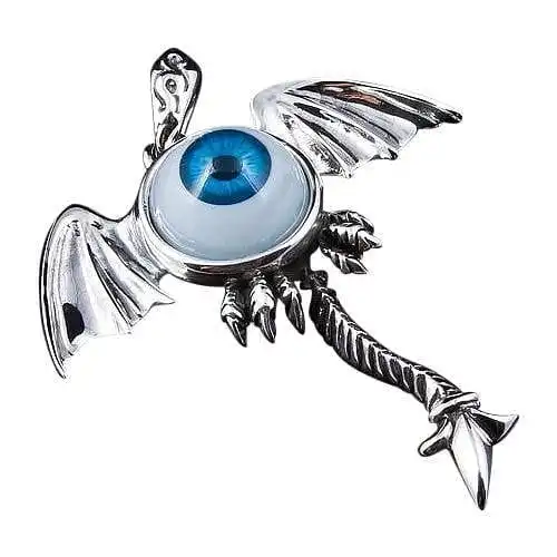 Bikerringshop Sterling Silver Blue Eyeball Gothic Wings Pendant 3 Bikerringshop Sterling Silver Blue Eyeball Gothic Wings Pendant