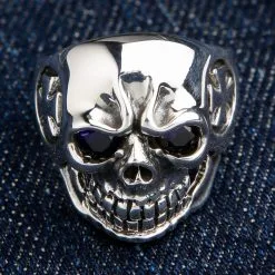 Bikerringshop Blue Eyes Skull Sterling Silver Ring