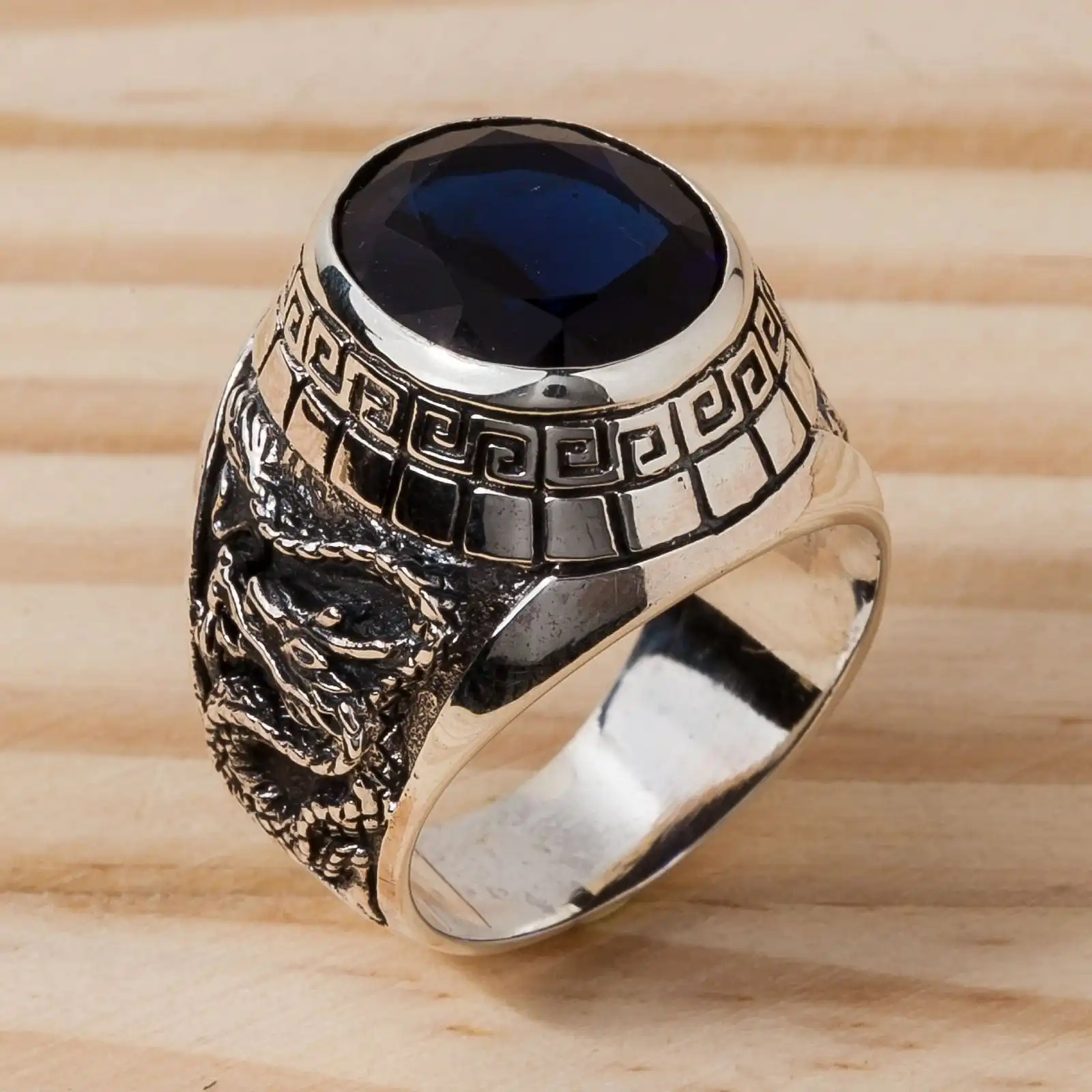 Bikerringshop Sterling Silver Sapphire Japanese Tiger Dragon Mens Ring 8 Bikerringshop Sterling Silver Sapphire Japanese Tiger Dragon Mens Ring - Image 6