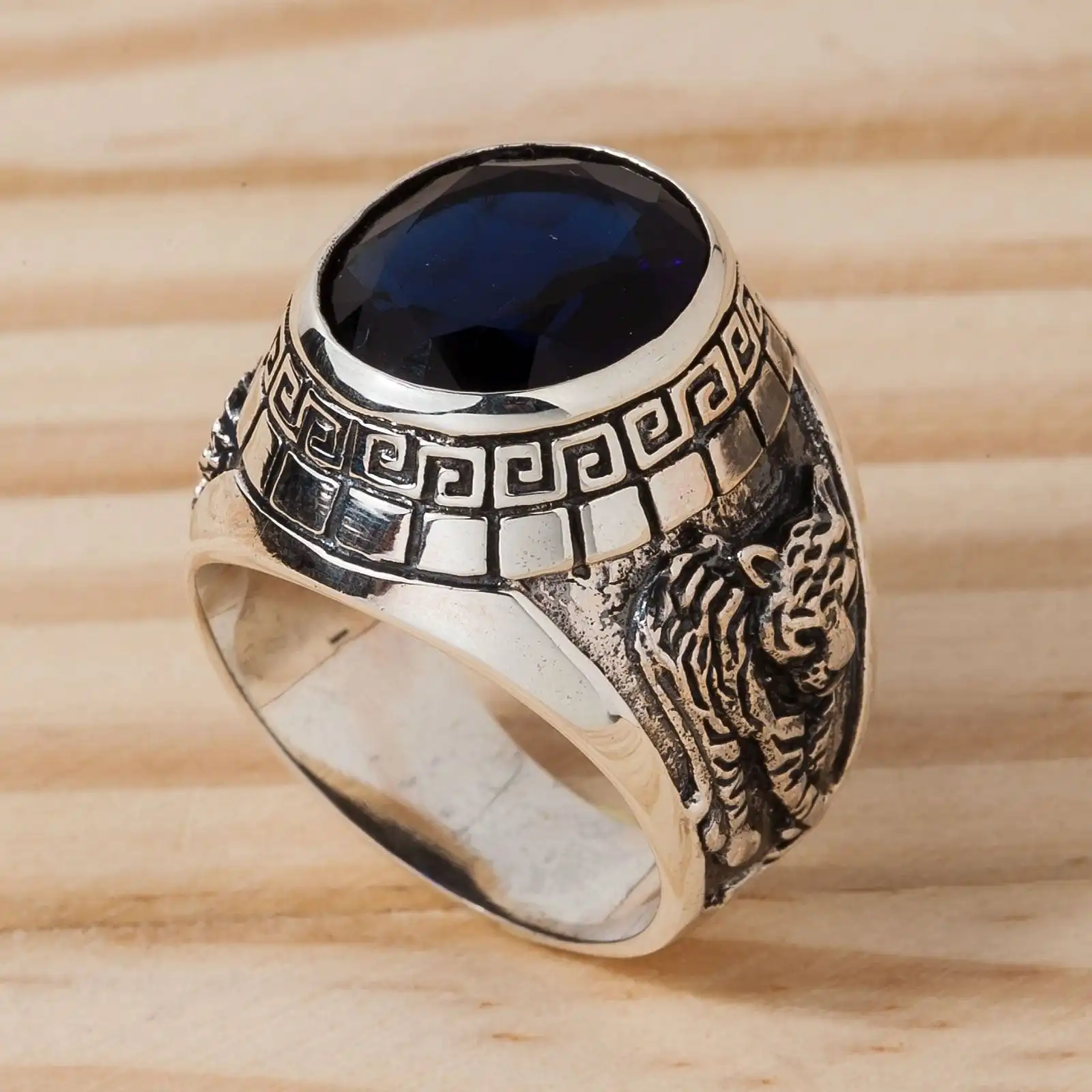 Bikerringshop Sterling Silver Sapphire Japanese Tiger Dragon Mens Ring 7 Bikerringshop Sterling Silver Sapphire Japanese Tiger Dragon Mens Ring - Image 5
