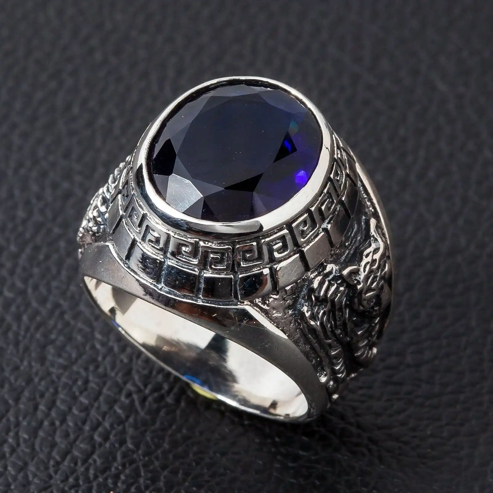 Bikerringshop Sterling Silver Sapphire Japanese Tiger Dragon Mens Ring 5 Bikerringshop Sterling Silver Sapphire Japanese Tiger Dragon Mens Ring - Image 3