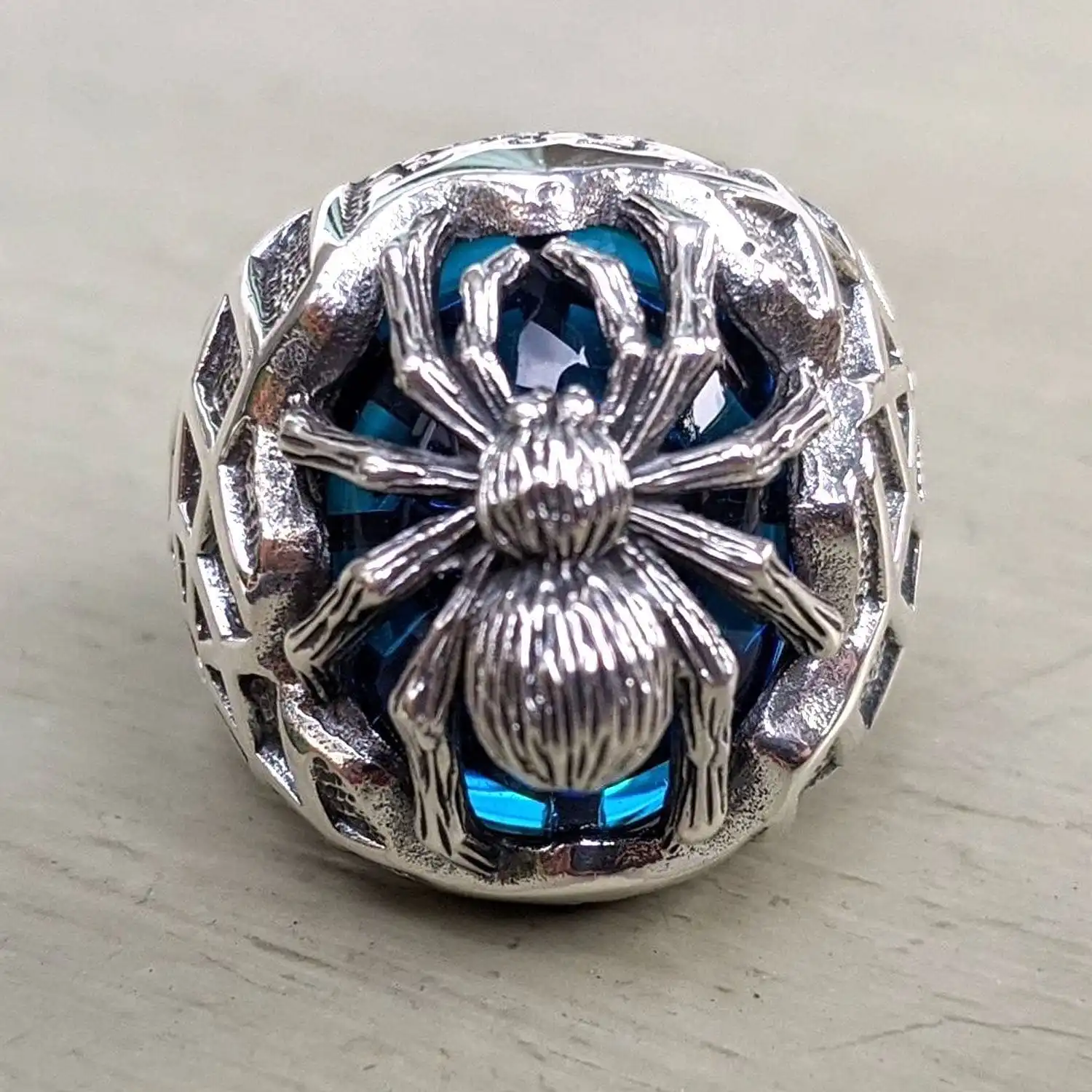Bikerringshop Sterling Silver Blue Stone Spider Ring 4 Bikerringshop Sterling Silver Blue Stone Spider Ring - Image 2