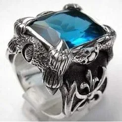 Bikerringshop Blue Topaz Sterling Silver Dragon Claw Mens Ring