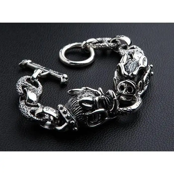 Bikerringshop Sterling Silver Boar Head Mens Bracelet 4 Bikerringshop Sterling Silver Boar Head Mens Bracelet - Image 2