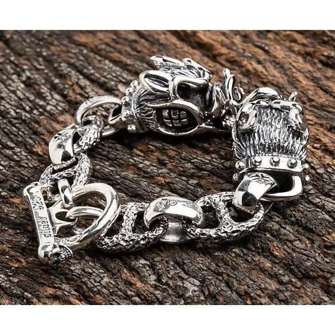 Bikerringshop Sterling Silver Boar Head Mens Bracelet 5 Bikerringshop Sterling Silver Boar Head Mens Bracelet - Image 3