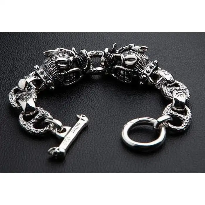 Bikerringshop Sterling Silver Boar Head Mens Bracelet 7 Bikerringshop Sterling Silver Boar Head Mens Bracelet - Image 5