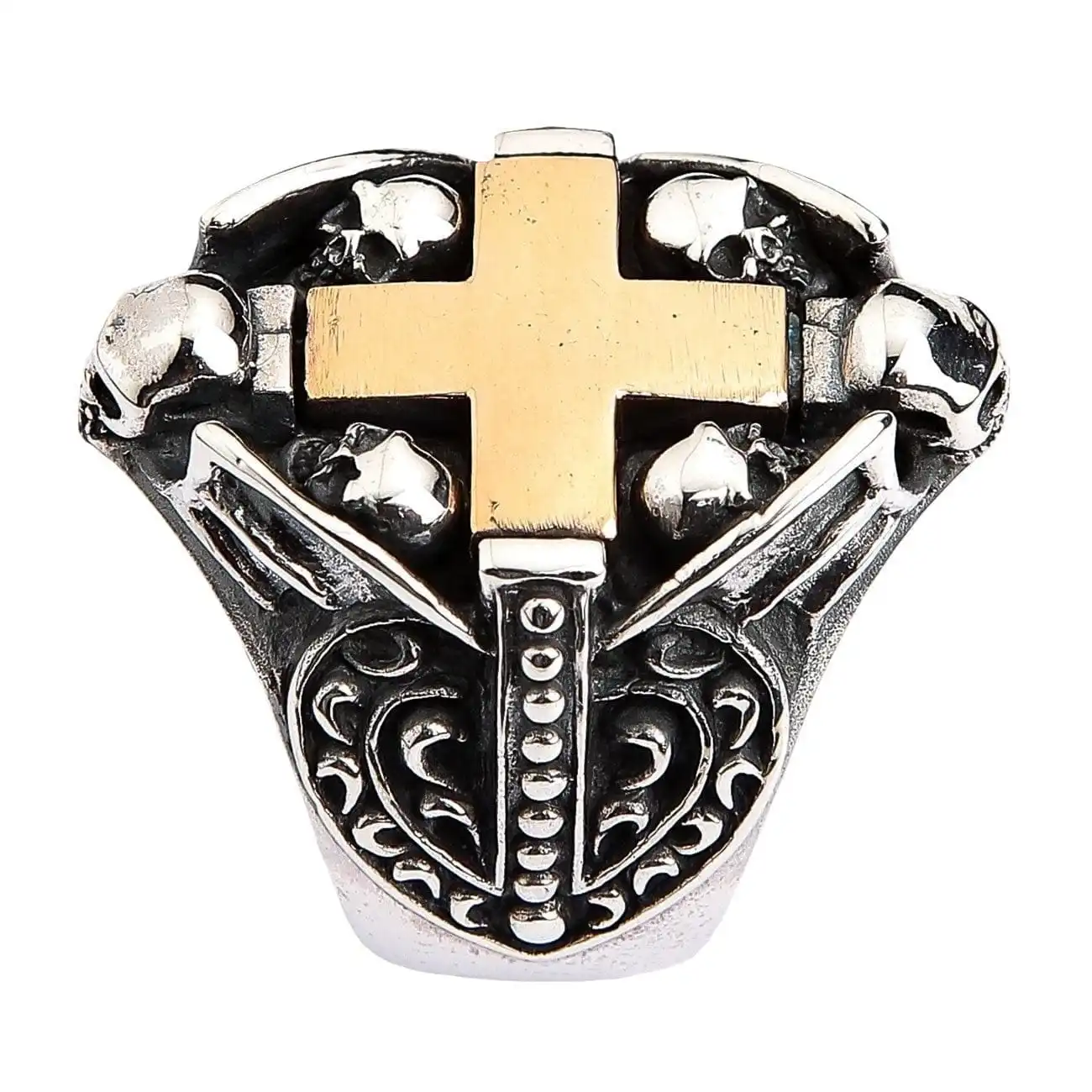 Bikerringshop Sterling Silver Yellow Gold Cross Heart Gothic Ring 7 Bikerringshop Sterling Silver Yellow Gold Cross Heart Gothic Ring - Image 5