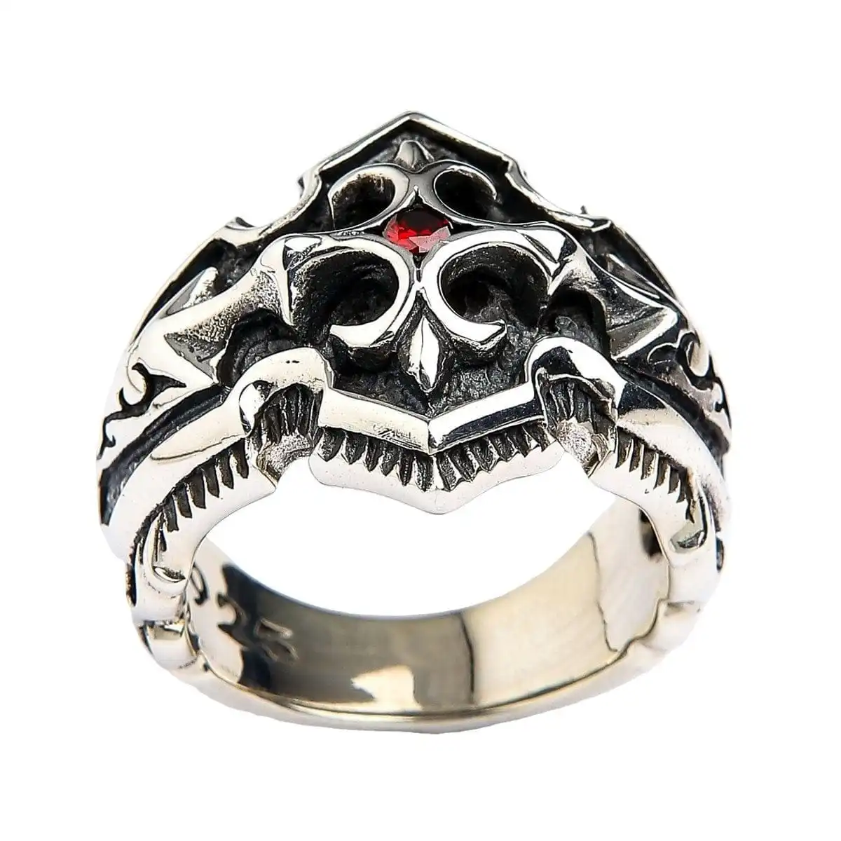 Bikerringshop Sterling Silver Garnet Medieval Knight Cross Mens Ring 7 Bikerringshop Sterling Silver Garnet Medieval Knight Cross Mens Ring - Image 5
